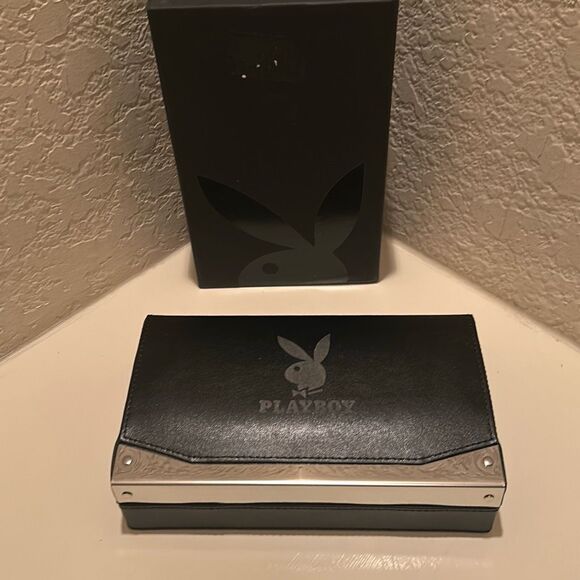 Playboy Bunny Logo Cigar Box Case Black Leather Silver Accent With Cutter New - Picture 1 of 11